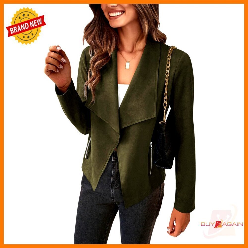 Faux Suede Cropped Jacket Open Front Waterfall Collar Chic Casual Outwear